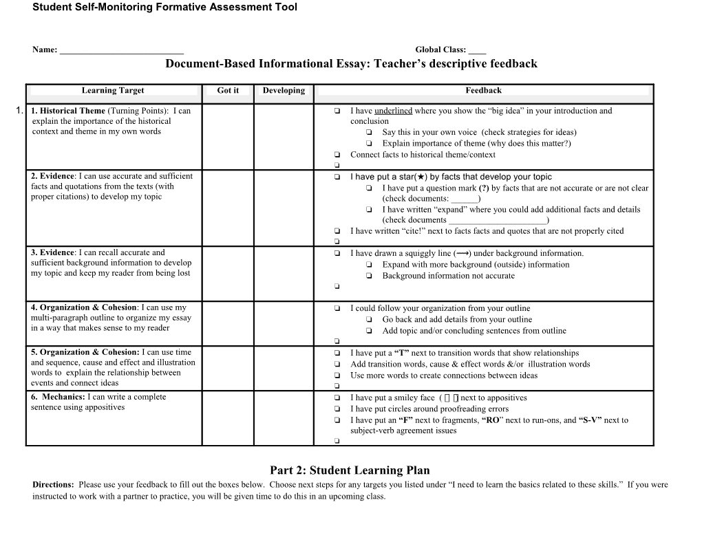 Student Self-Monitoring Formative Assessment Tool