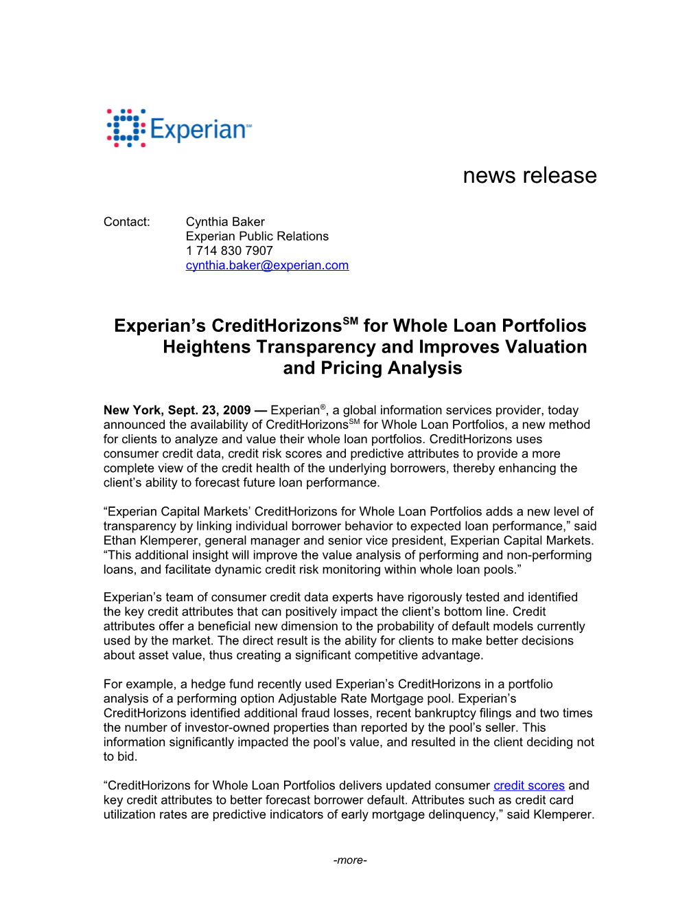 Experian S Credithorizonssm Heightens Transparency and Improves Valuation and Pricing Analysis