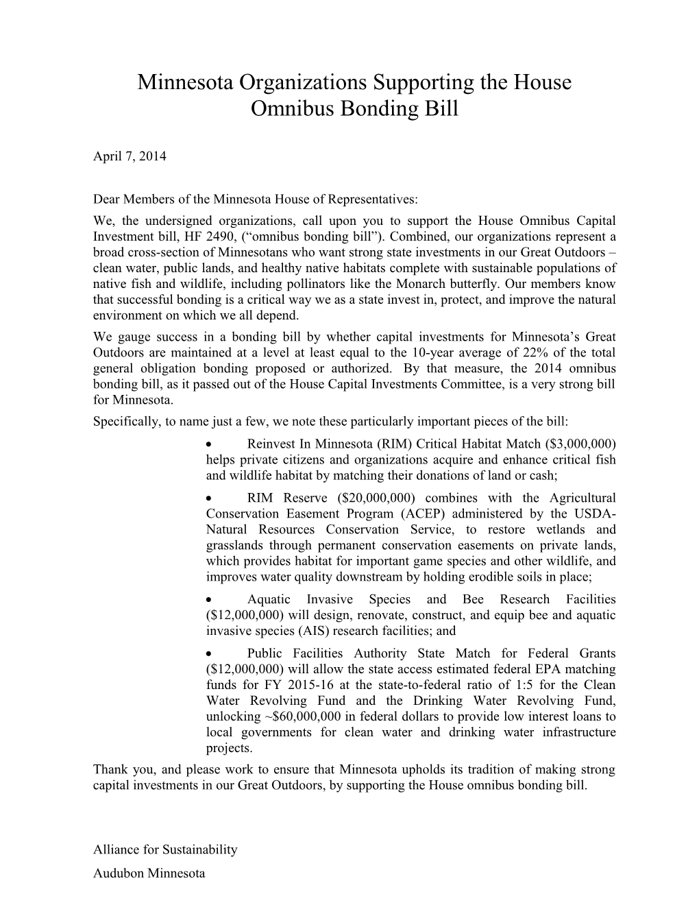 Minnesota Organizations Supporting the House Omnibus Bonding Bill