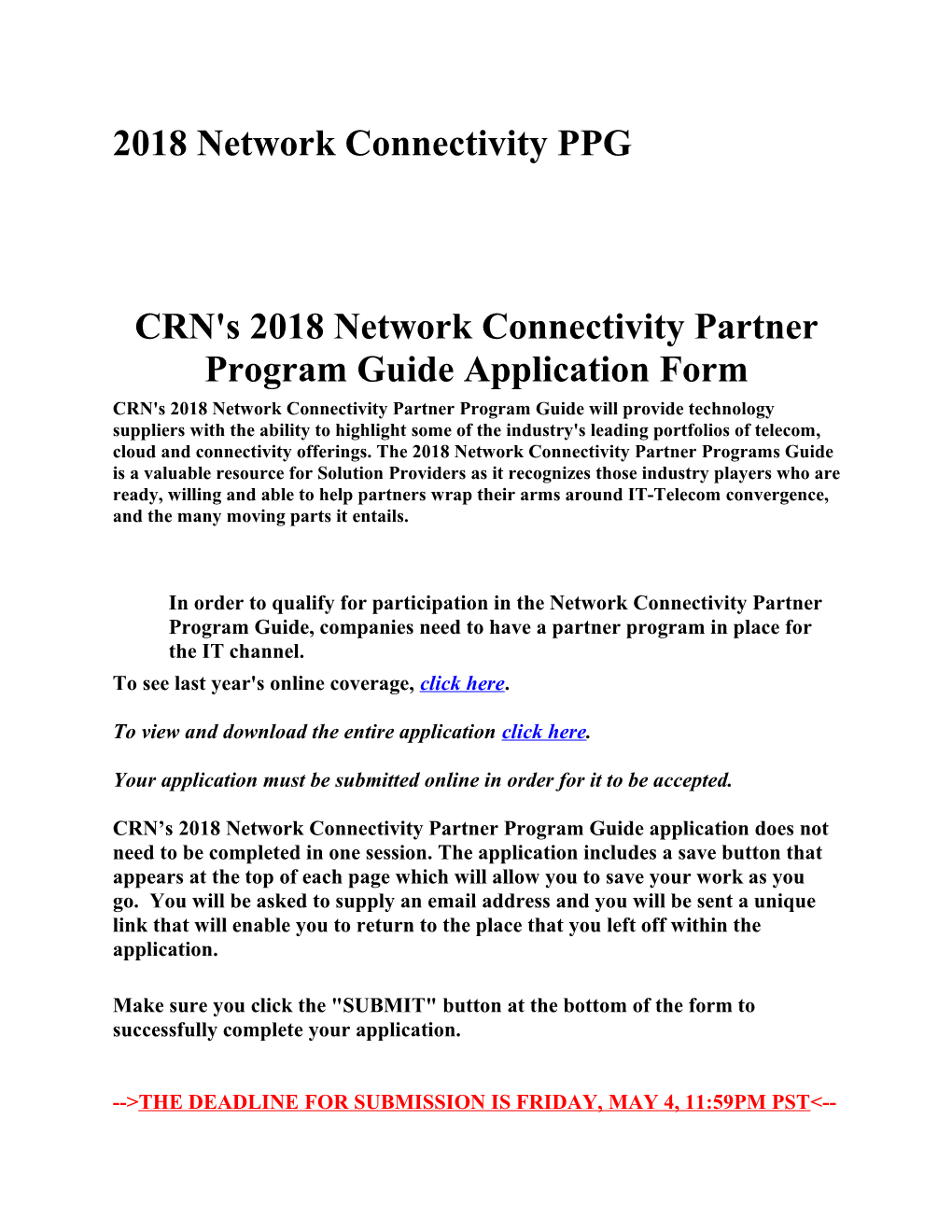 CRN's 2018 Network Connectivity Partner Program Guide Application Form