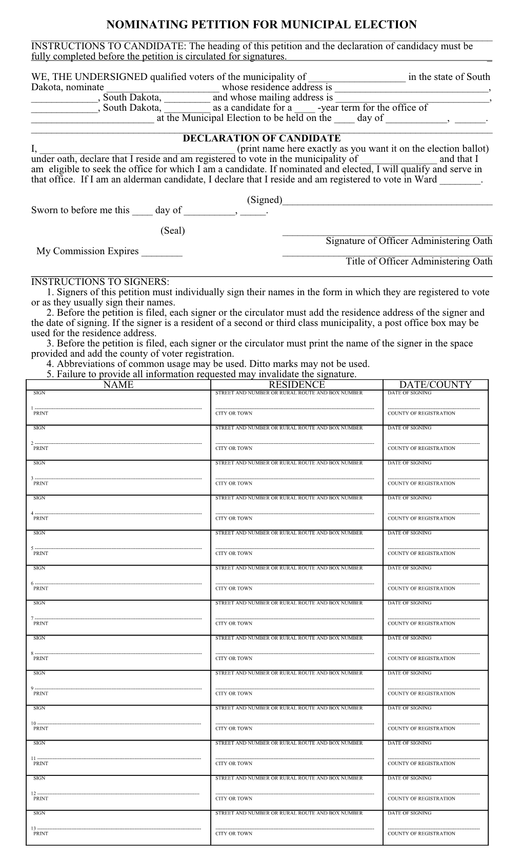 Nominating Petition for Municipal Election