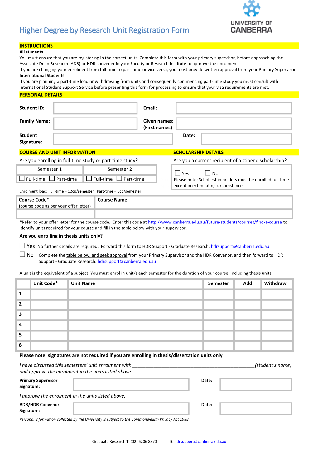 Higher Degree by Research Unit Registration Form