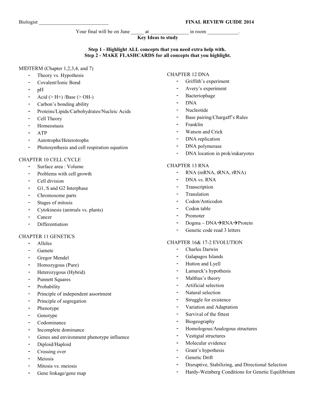 Biologist ______ FINAL REVIEW GUIDE 2014