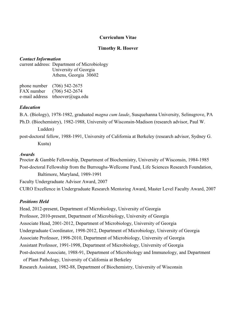 Curriculum Vitae for Timothy R. Hoover