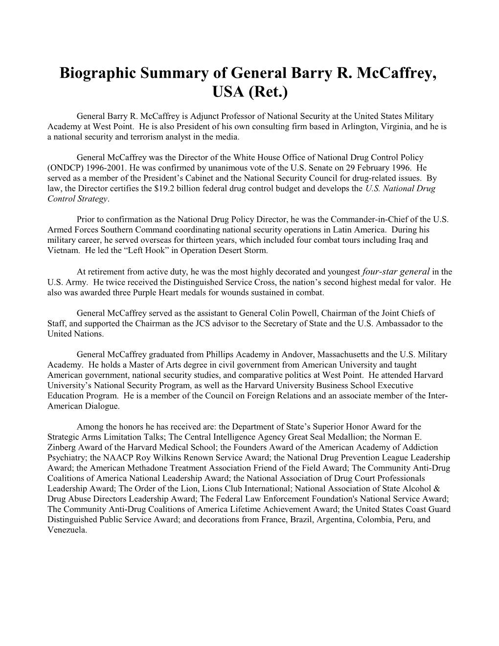 Biography of Barry R. Mccaffrey
