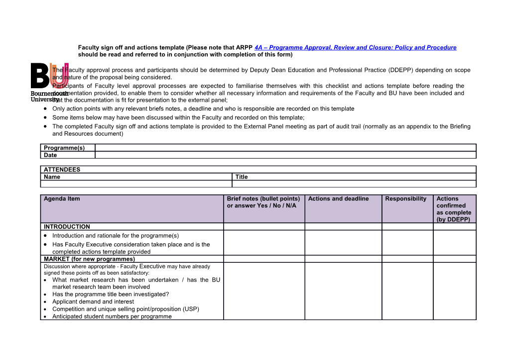 4A Faculty Sign Off and Actions Template