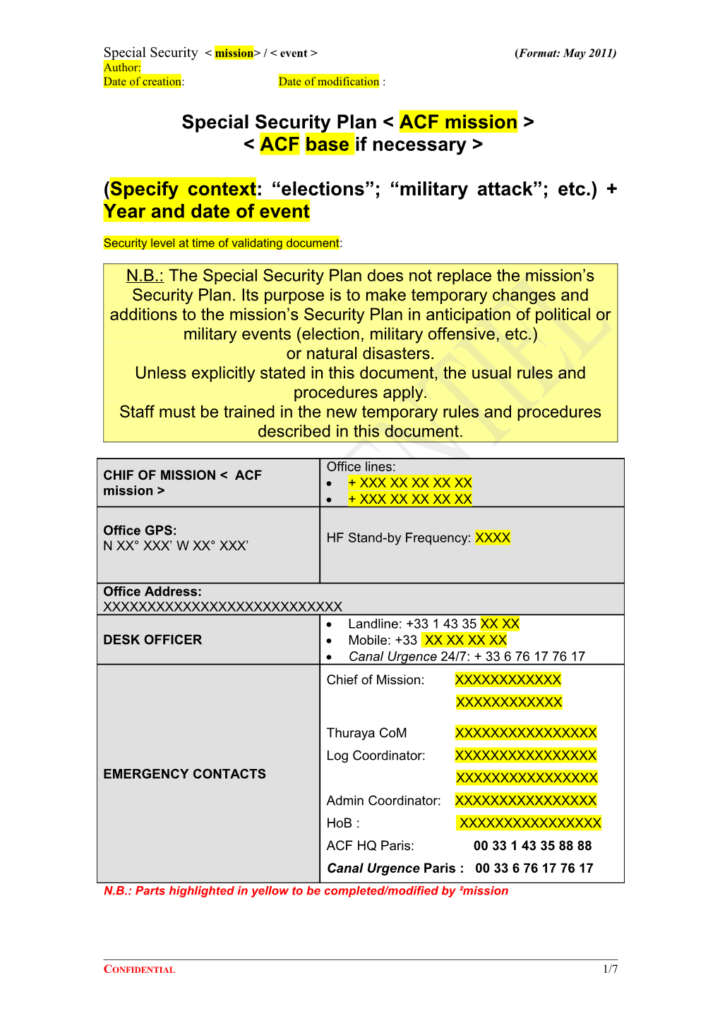 Special Security Plan ACF Mission