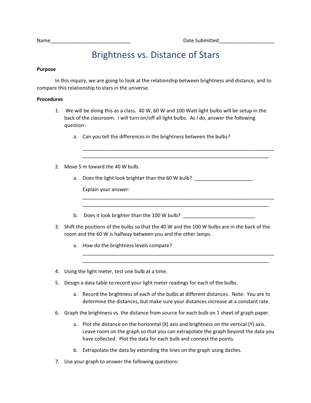 Brightness Vs. Distance of Stars