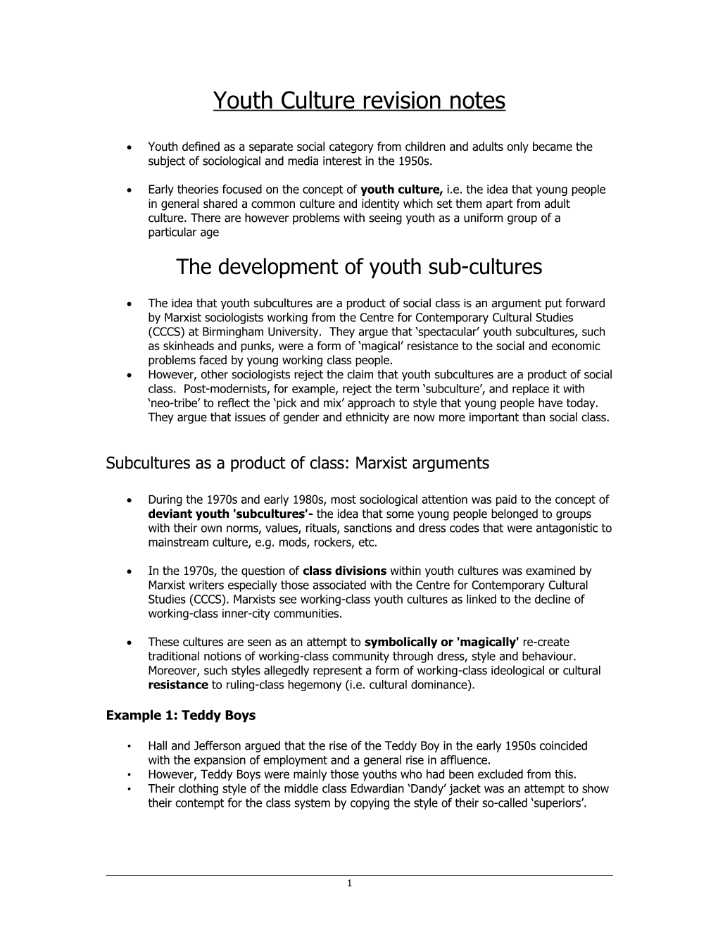 Section 1:Youth Culture and Sub-Cultures