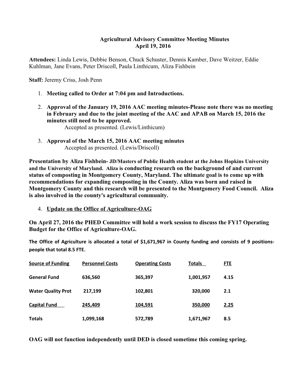 Agricultural Advisory Committee Meeting Minutes