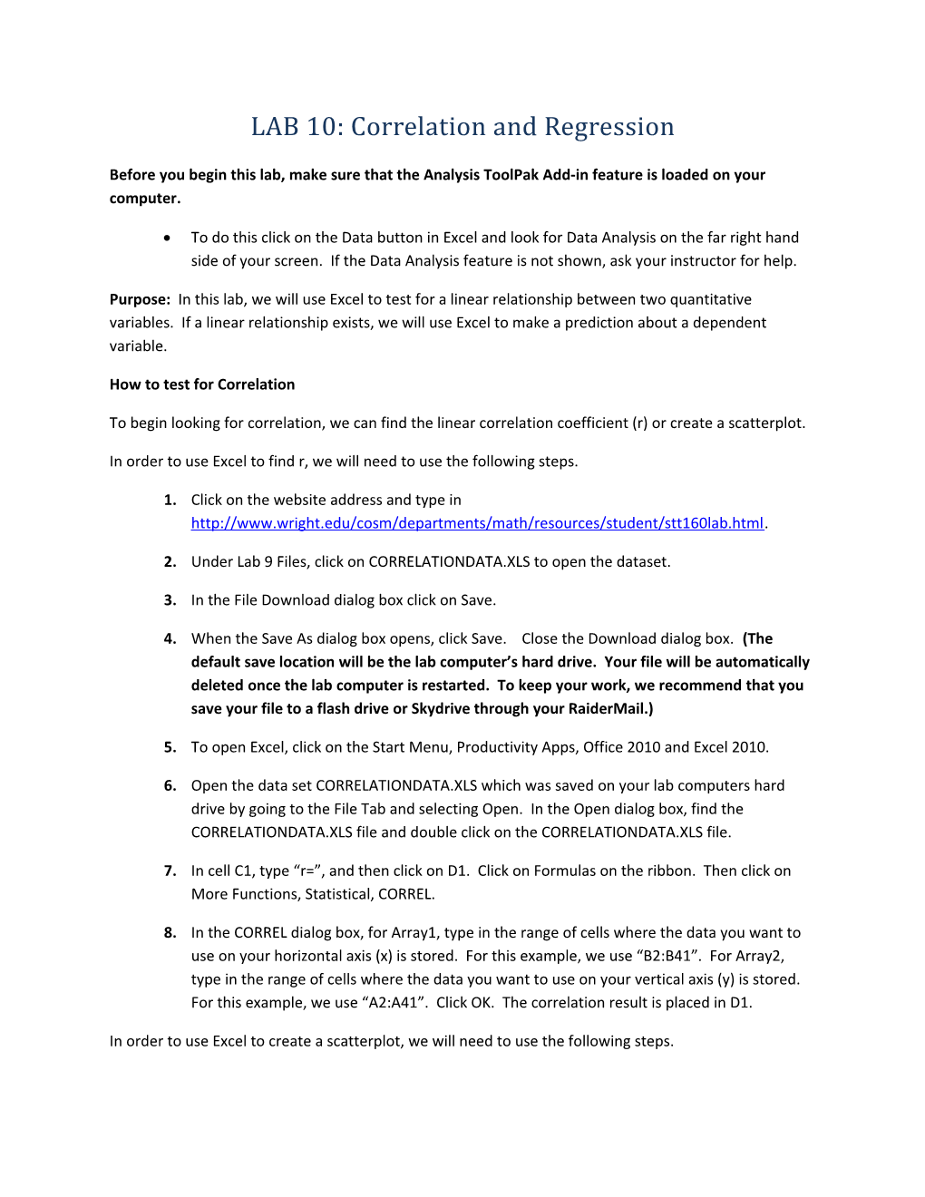 LAB 10: Correlation and Regression