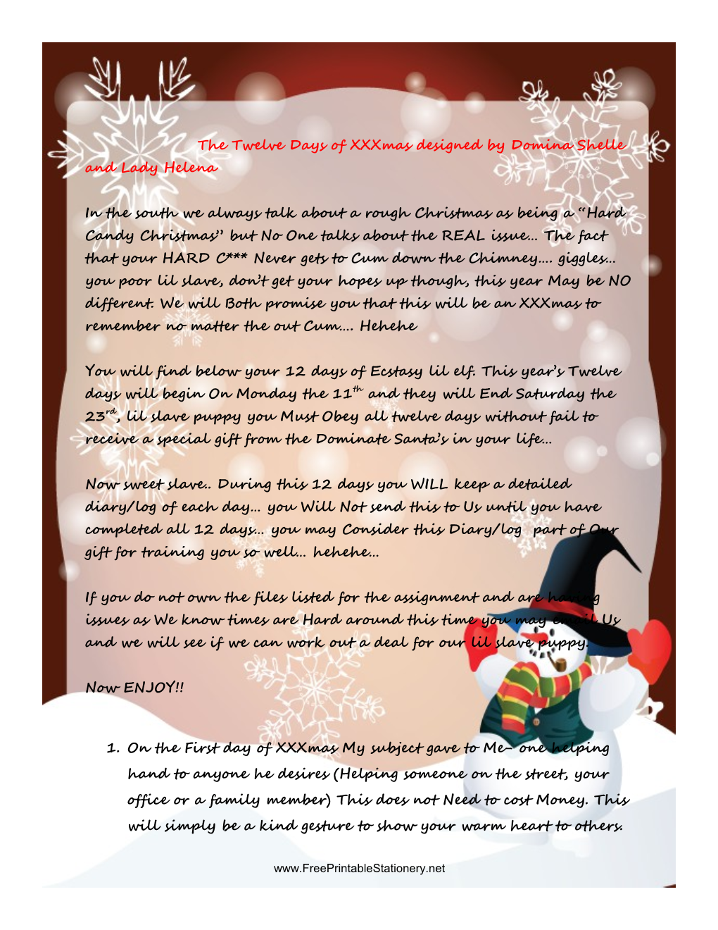 The Twelve Days of Xxxmas Designed by Domina Shelle and Lady Helena