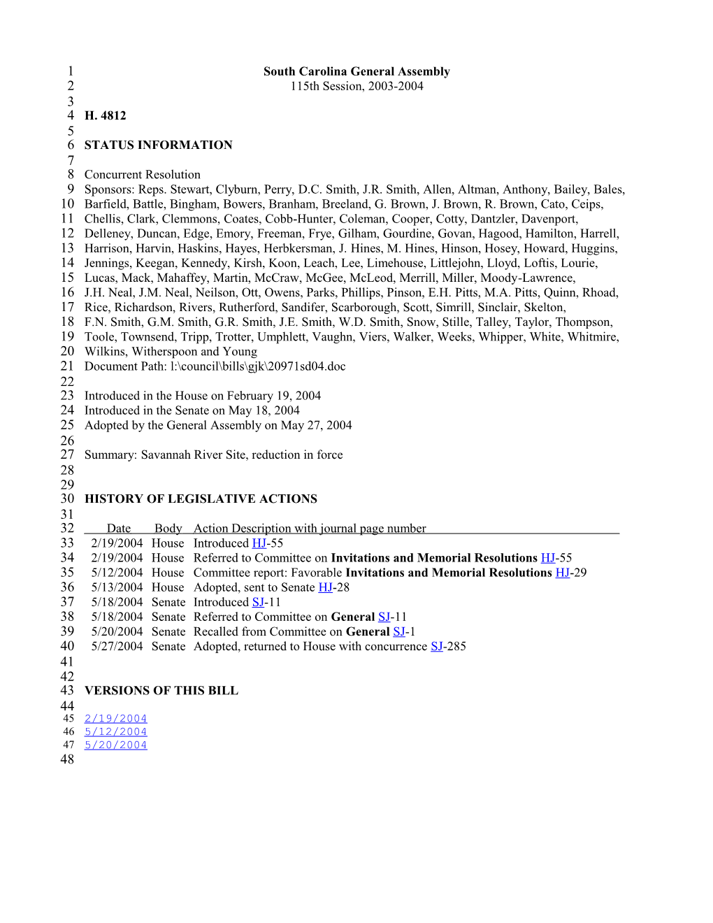 2003-2004 Bill 4812: Savannah River Site, Reduction in Force - South Carolina Legislature Online