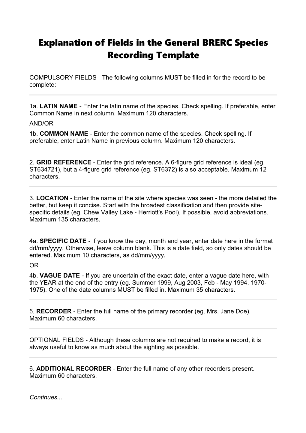 Explanation of Fields in the General BRERC Species Recording Template