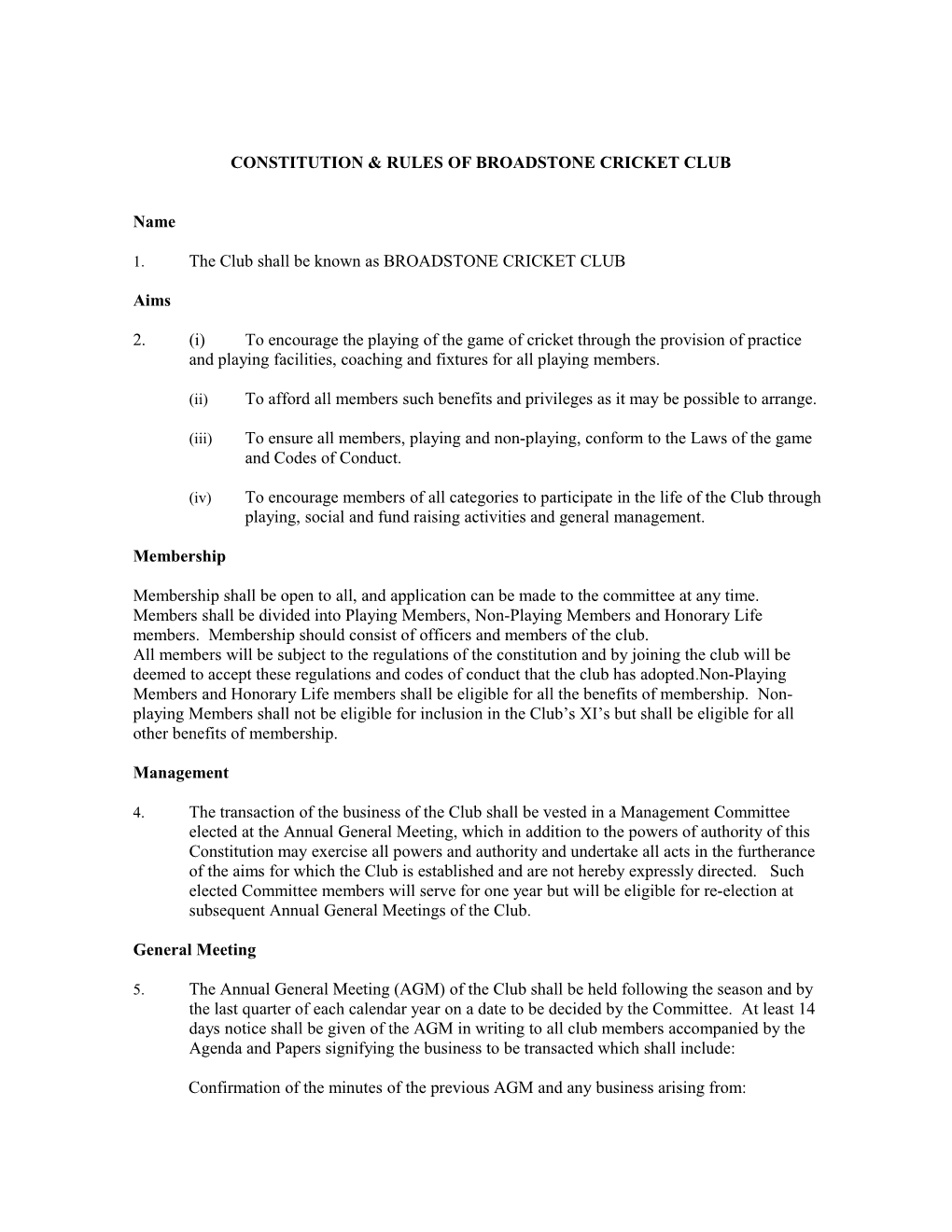 Constitution & Rules of Broadstone Cricket Club