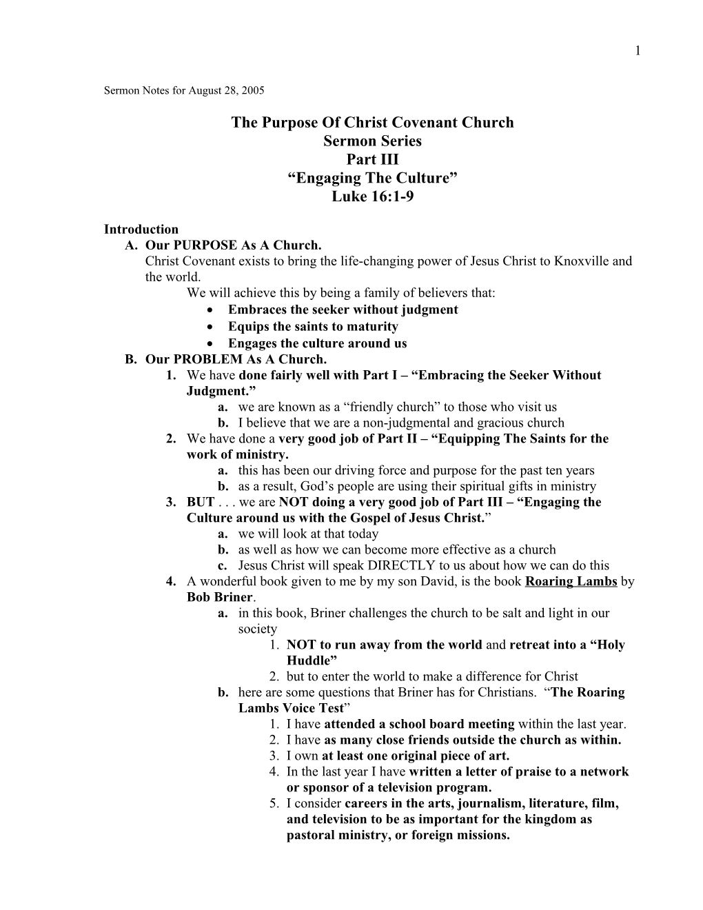 Sermon Notes for August 28, 2005