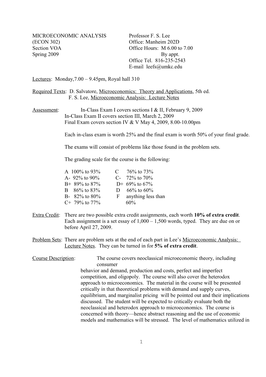 MICROECONOMIC ANALYSIS Professor F. S. Lee