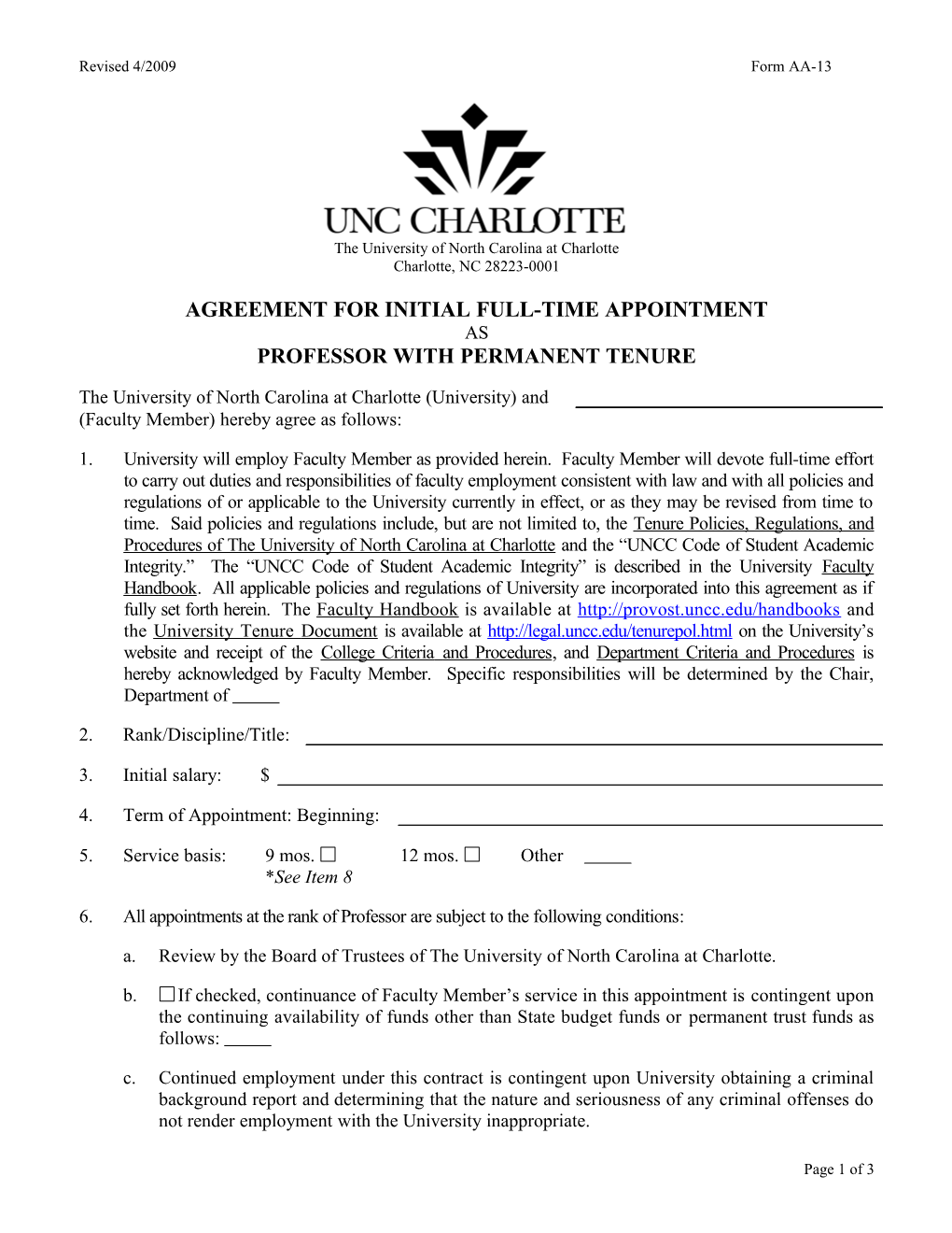 Agreement for Initial Full-Time Appointment As Professor with Permanent Tenure