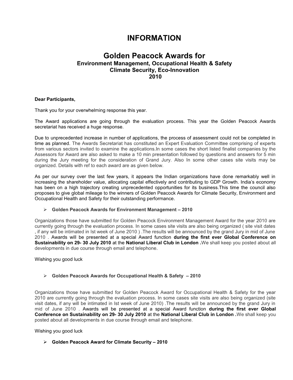 Golden Peacock Awards For