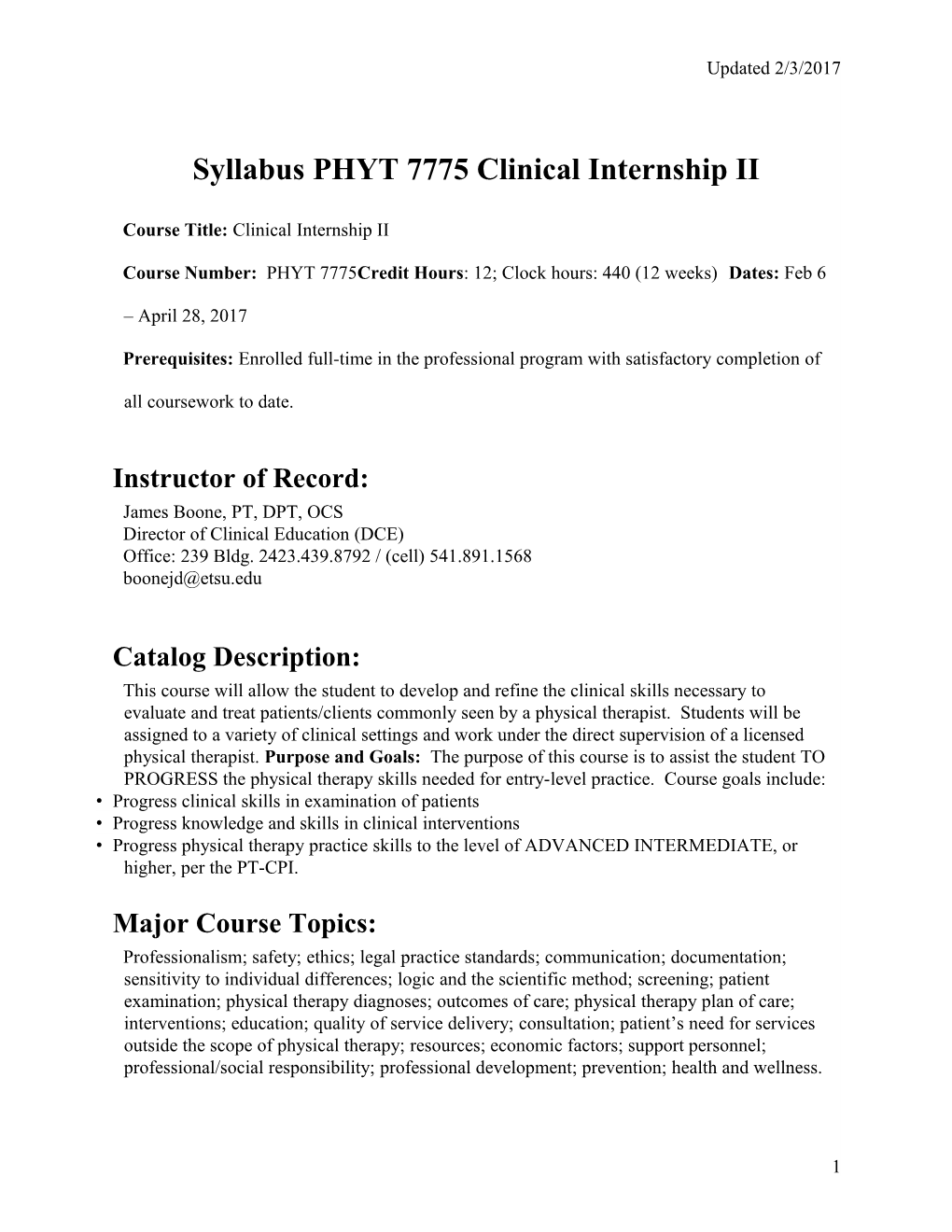 Syllabus PHYT 7775 Clinical Internship II