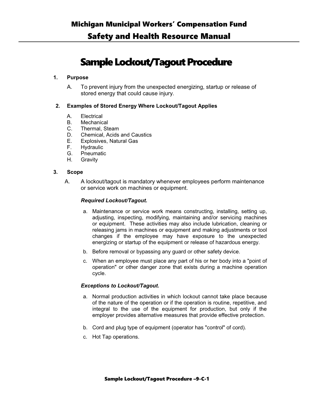 Sample Lockout/Tagout Procedure