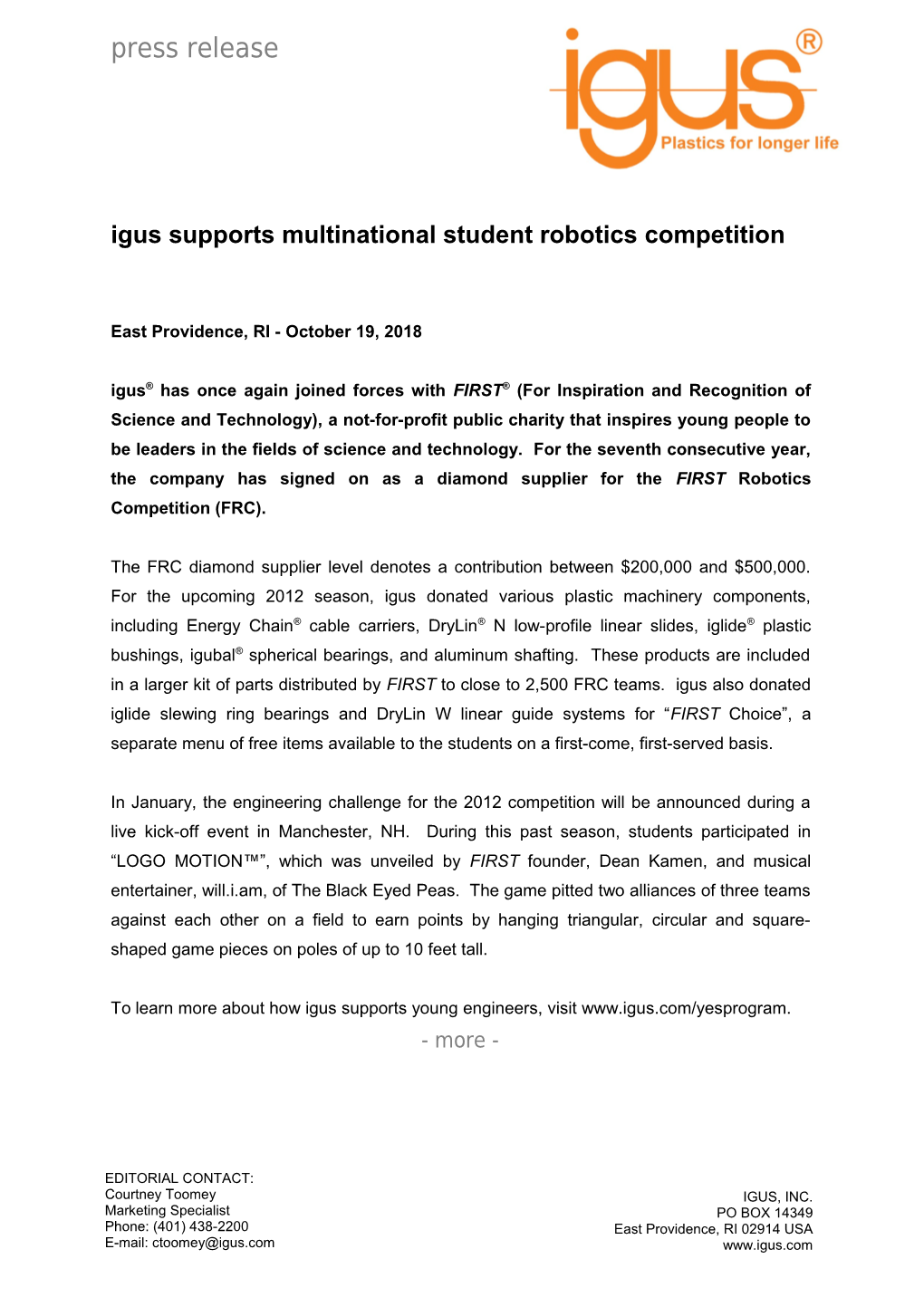 Igus Supports Multinational Student Robotics Competition