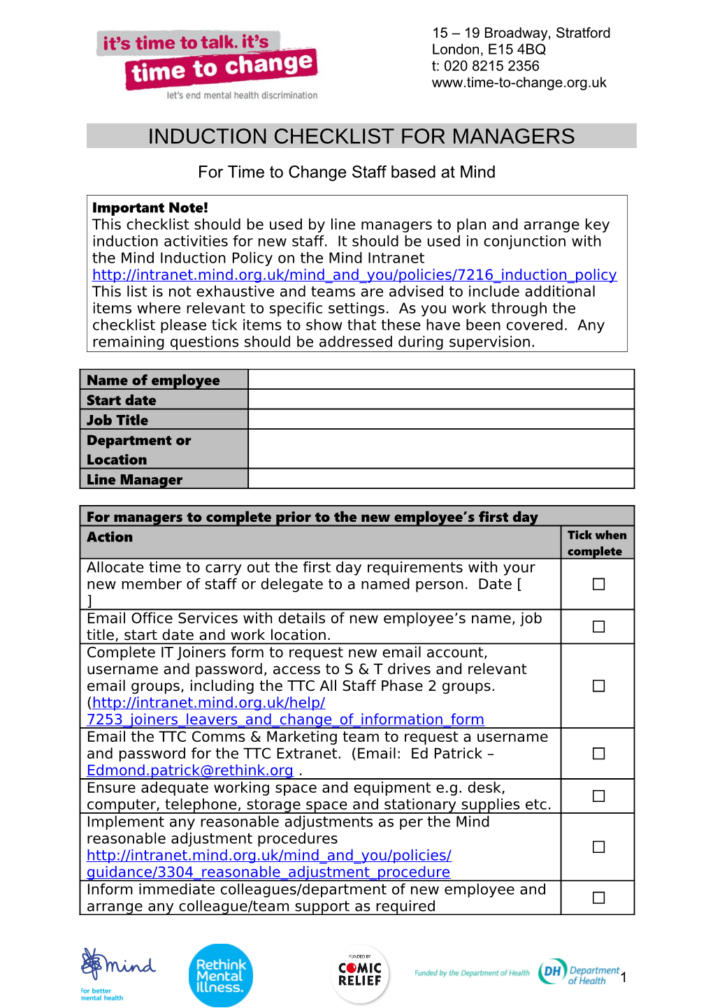 Induction Checklist for Managers