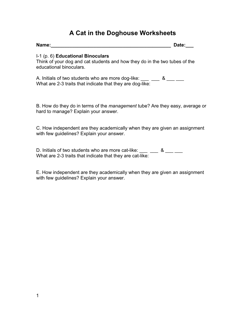 A Cat in the Doghouse Worksheets