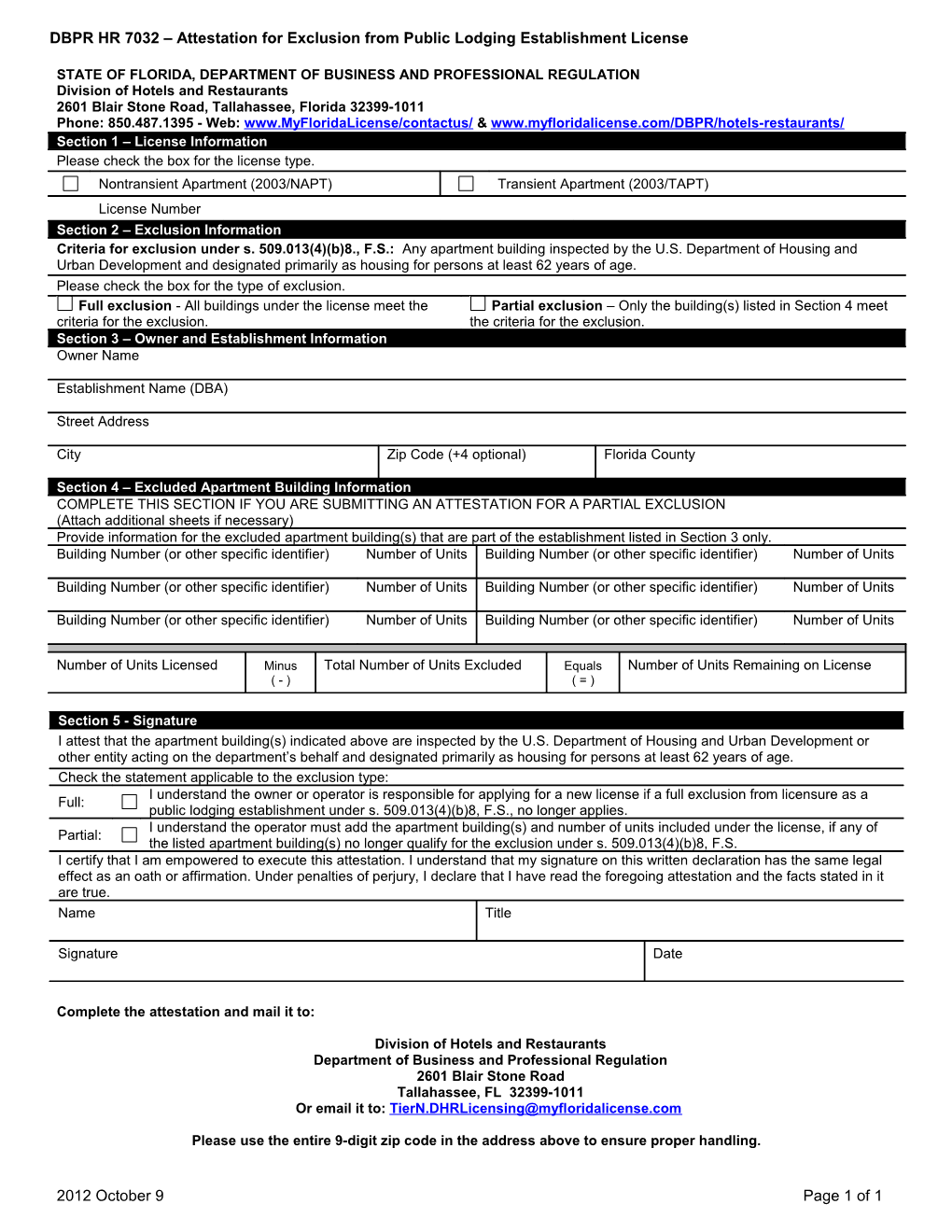 DBPR HR 7032 Attestation for Exclusion from Public Lodging Establishment License