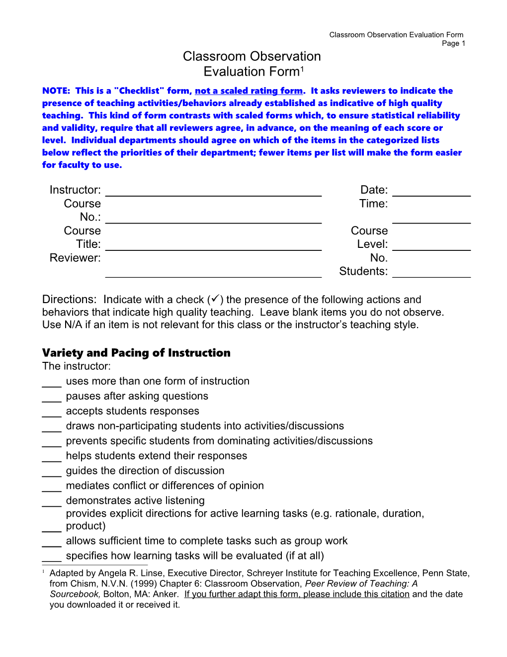 Classroom Observation Evaluation Form