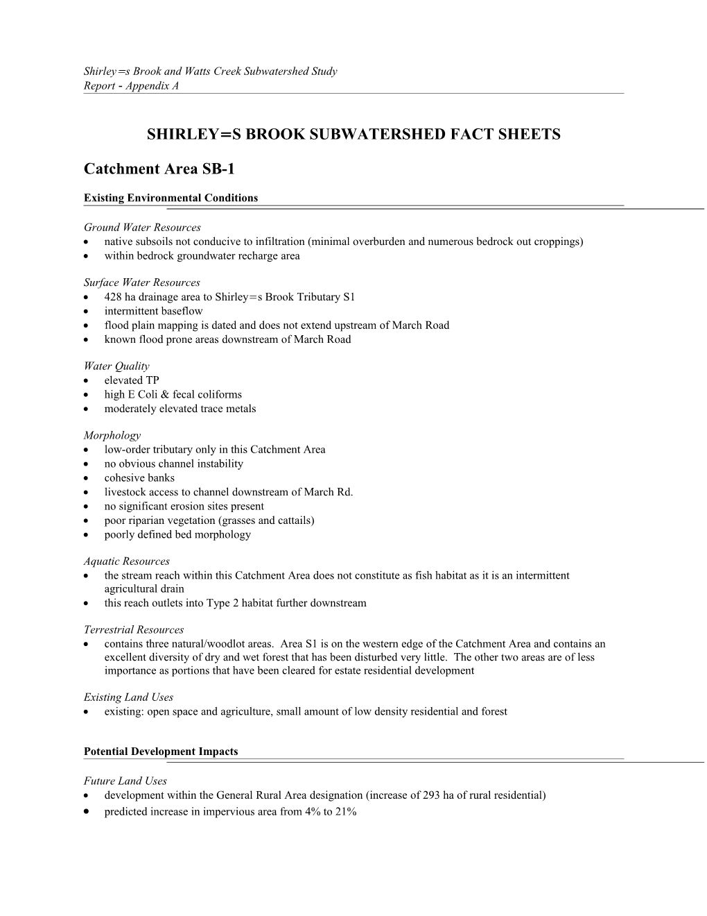 Shirley=S Brook and Watts Creek Subwatershed Study