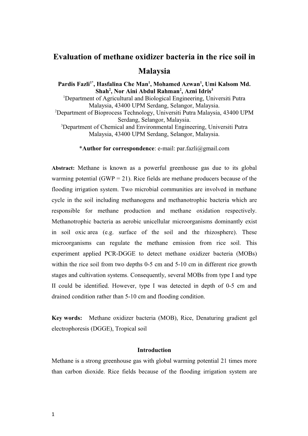 Evaluation of Methane Oxidizer Bacteria in the Rice Soil in Malaysia