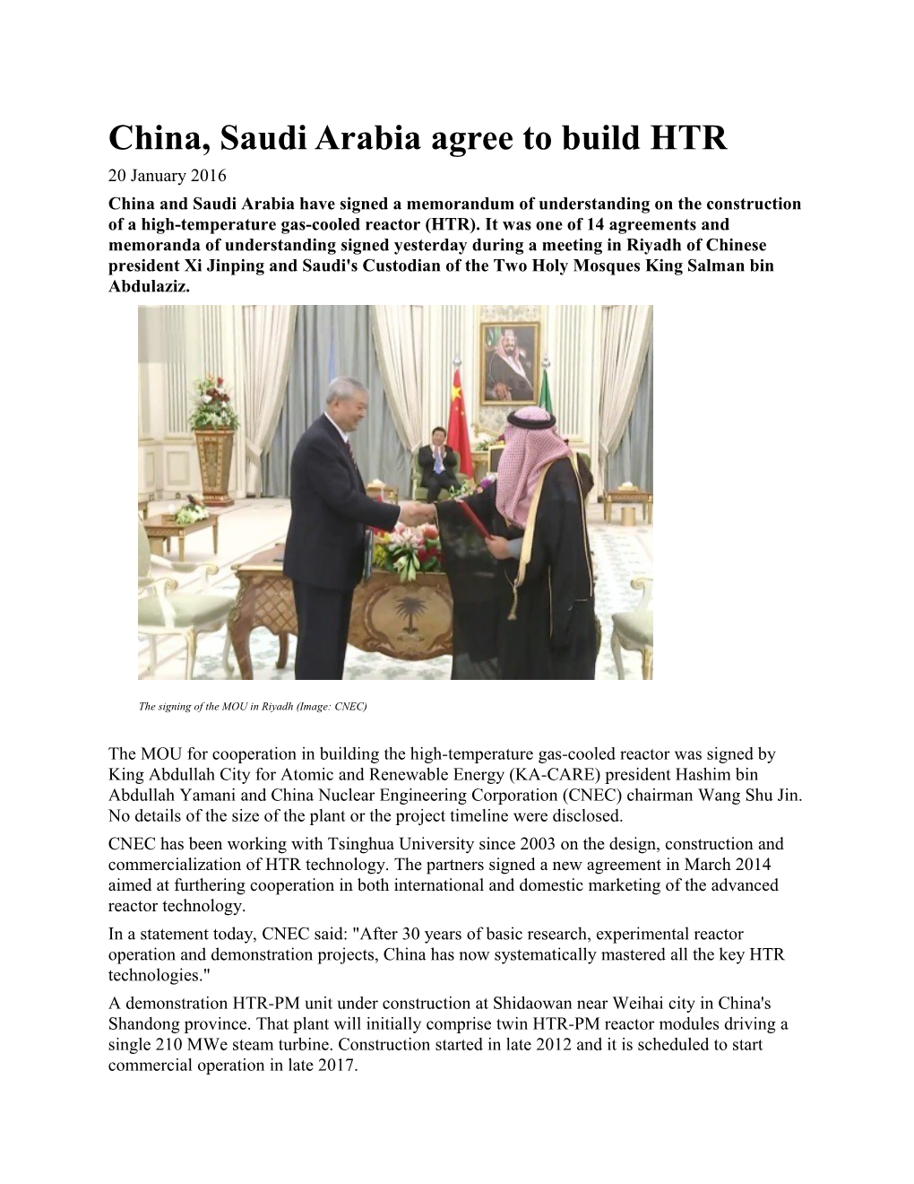 China, Saudi Arabia Agree to Build HTR