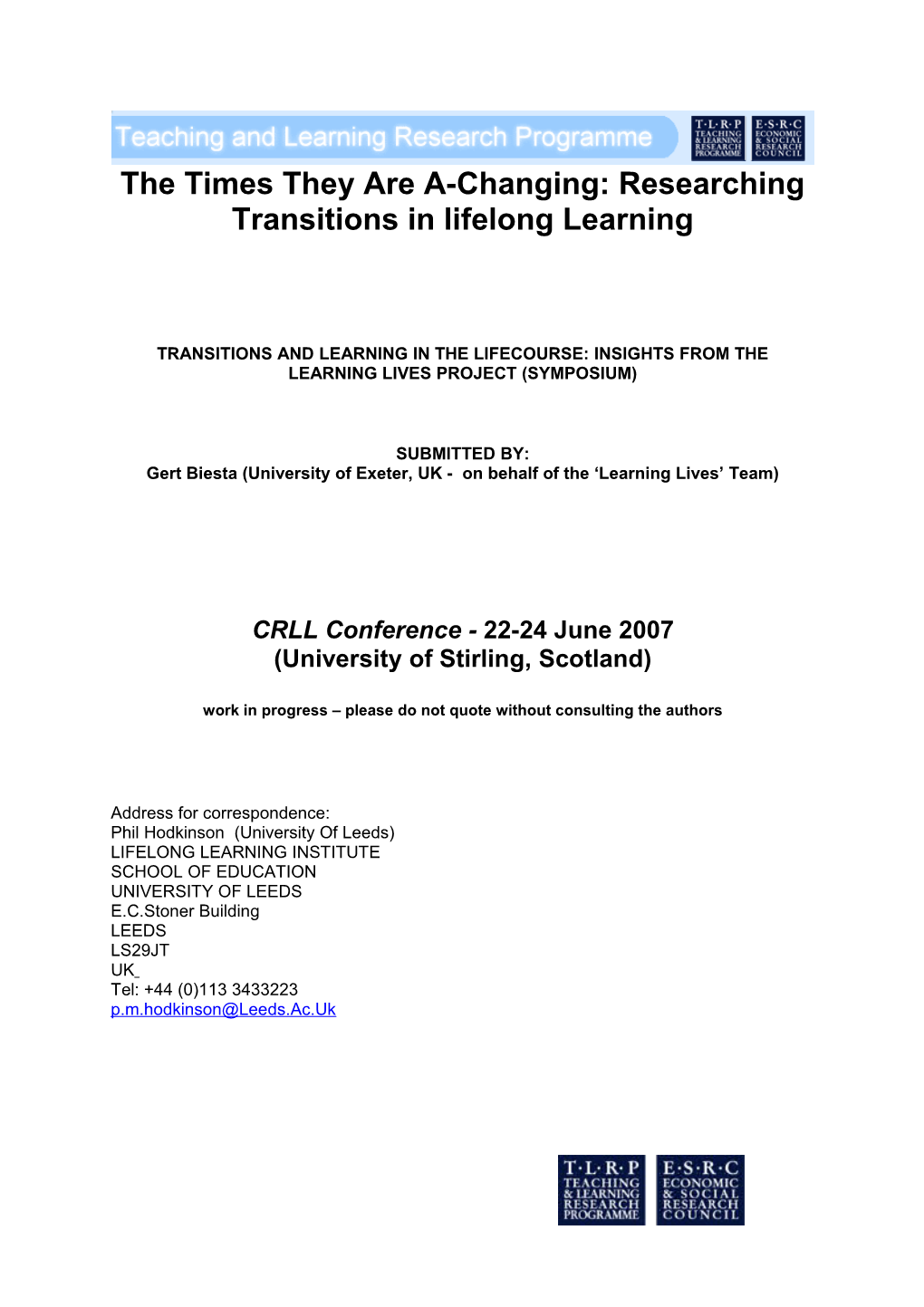 Paper 5: Learning and Change in the Transition Into the Third Age