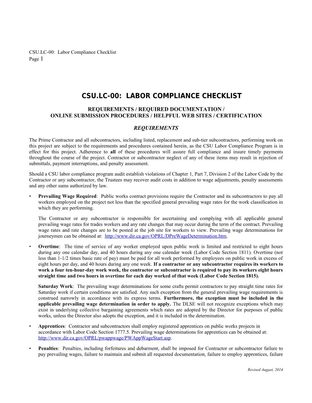 Csu.Lc-00: Labor Compliance Checklist