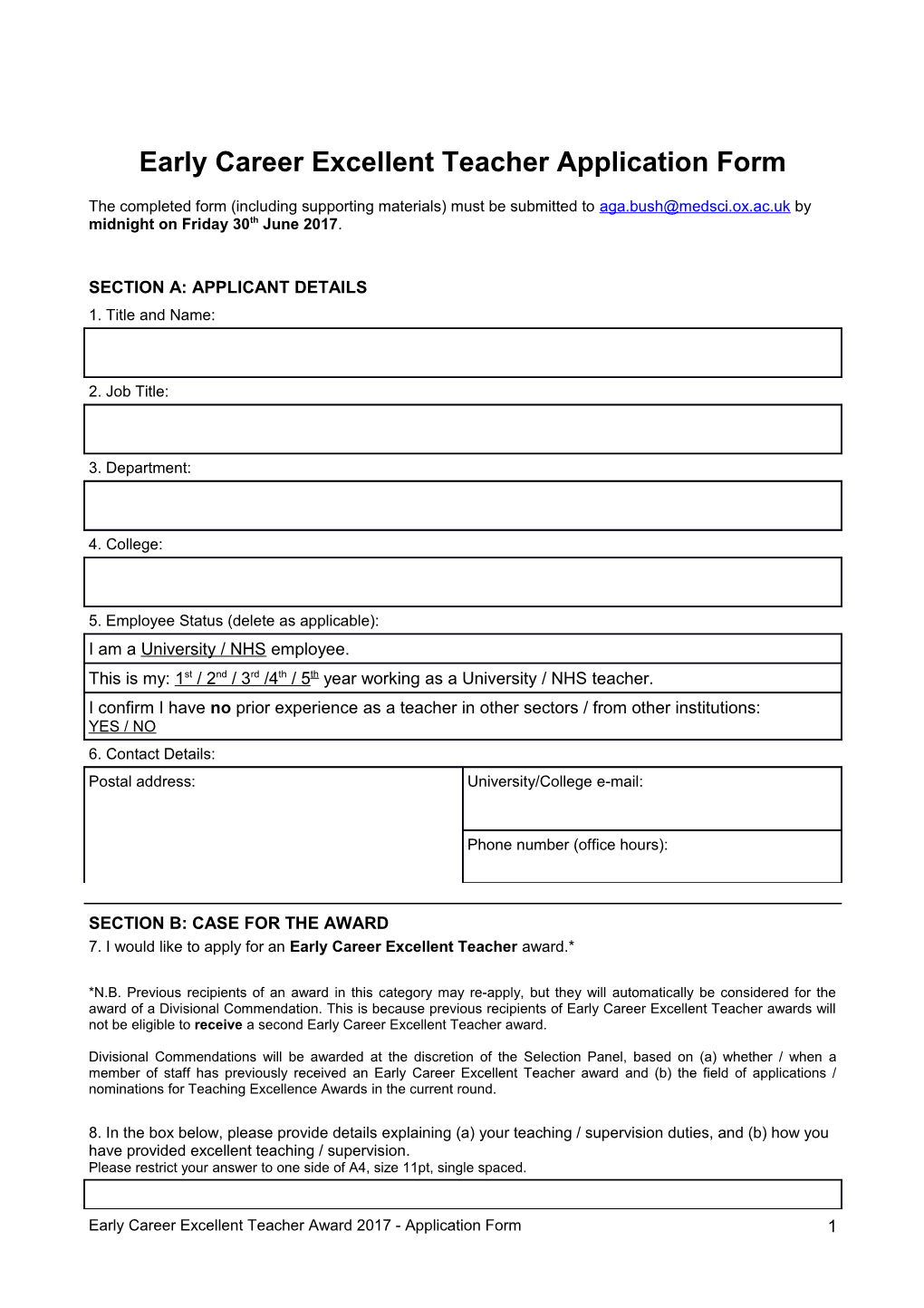 Early Career Excellent Teacher Application Form