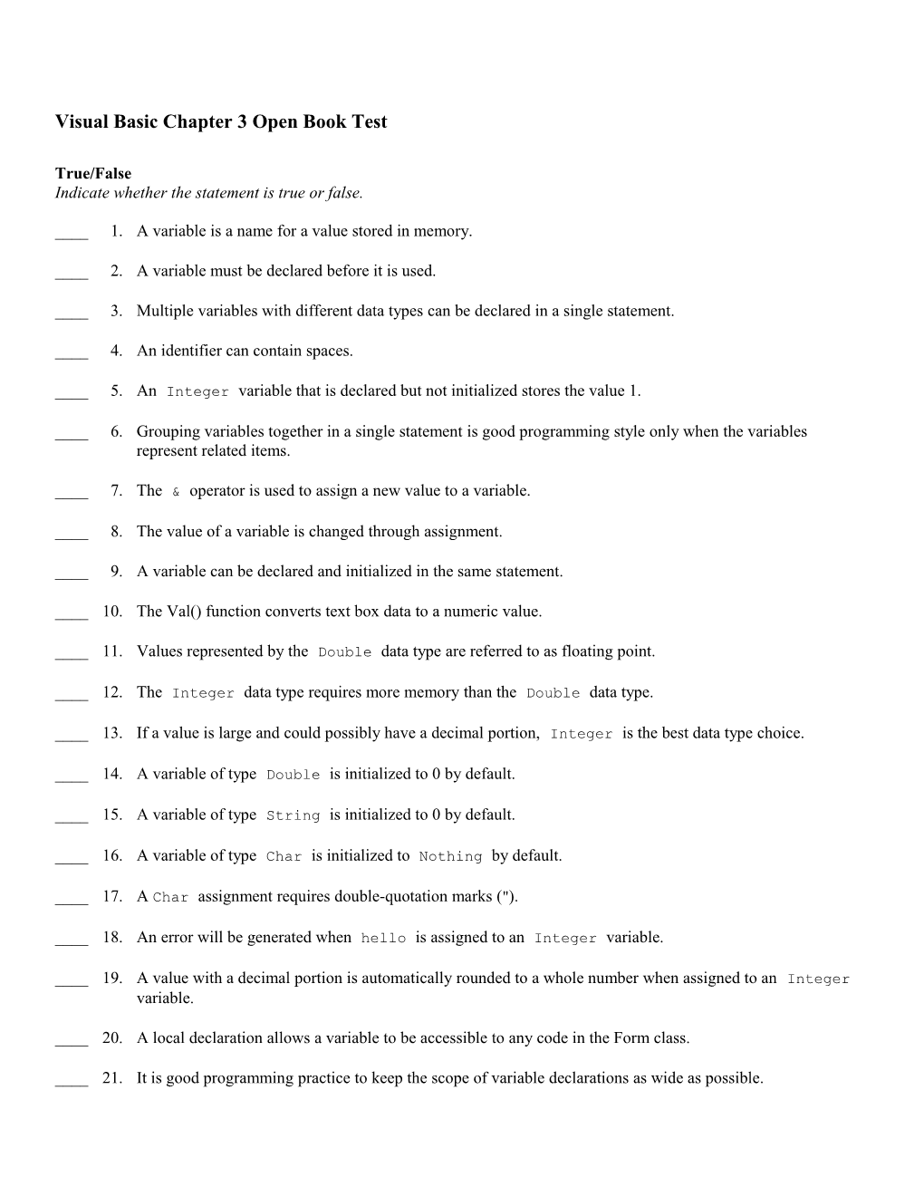 Visual Basic Chapter 3 Open Book Test