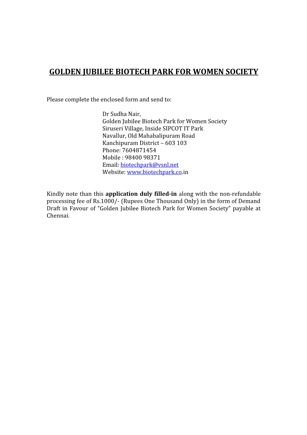 Golden Jubilee Biotech Park for Women Society