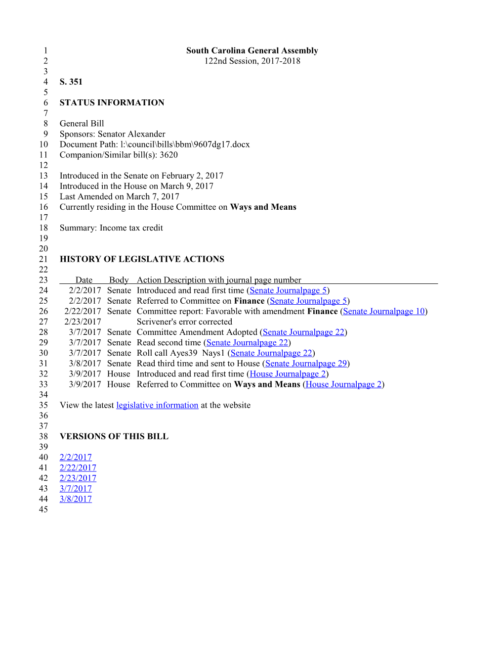 2017-2018 Bill 351: Income Tax Credit - South Carolina Legislature Online