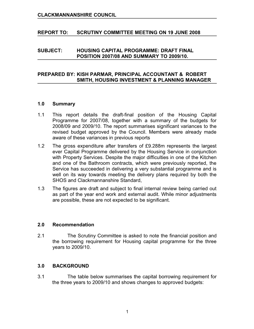 Report To: Scrutiny Committee Meeting on 19 June2008
