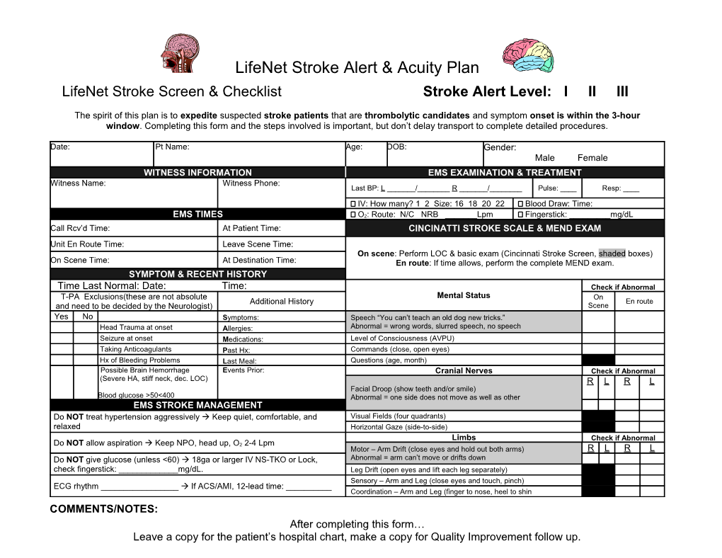 Lifenet Stroke Screen & Checklist Stroke Alert Level: I II III