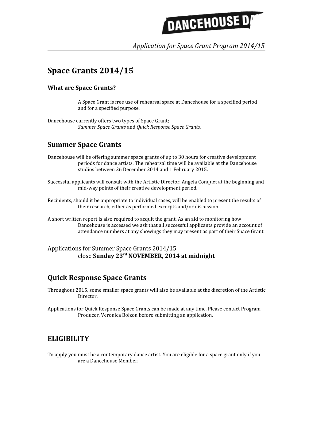 Application for Space Grant Program 2014/15