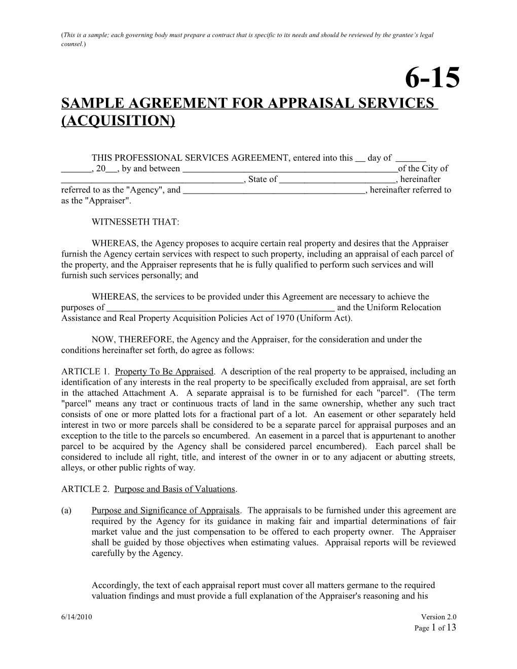 Sample Agreement for Appraisal Services (Acquisition)
