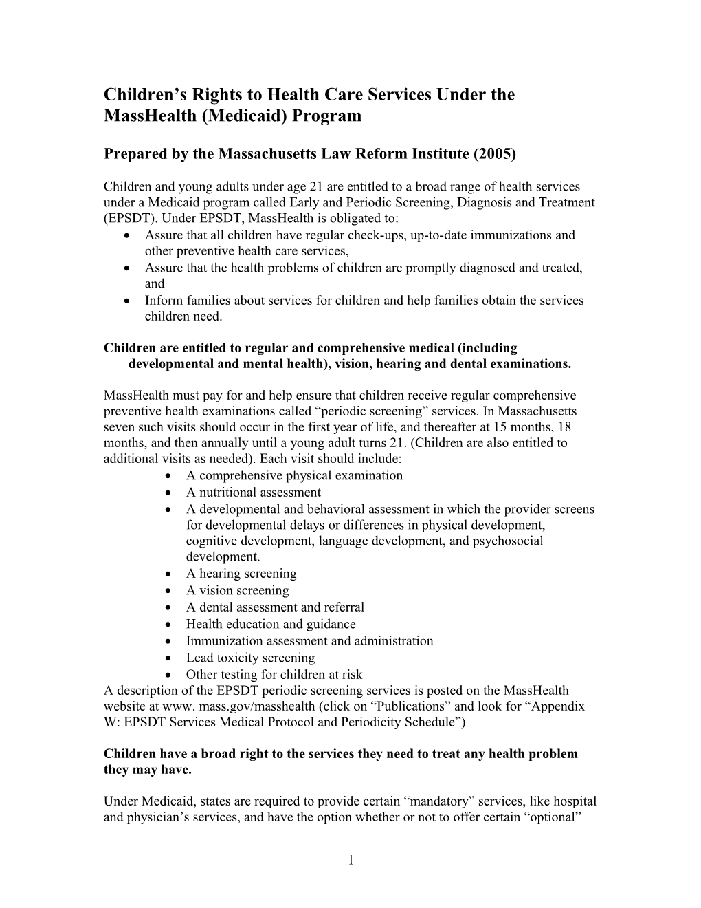 Children S Rights to Health Care Services Under the Masshealth (Medicaid) Program