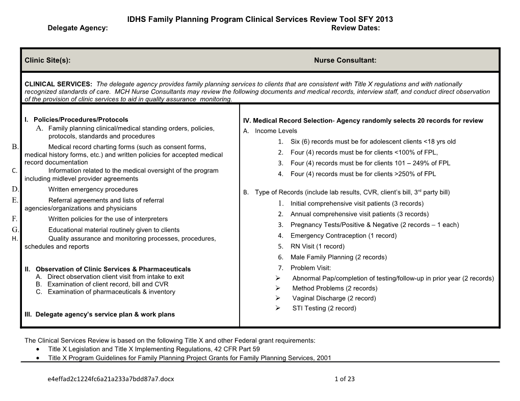 IDHS Family Planning Program Clinical Services Review Tool SFY 2013