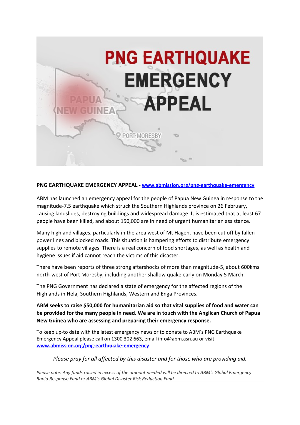 PNG Earthquake EMERGENCY APPEAL