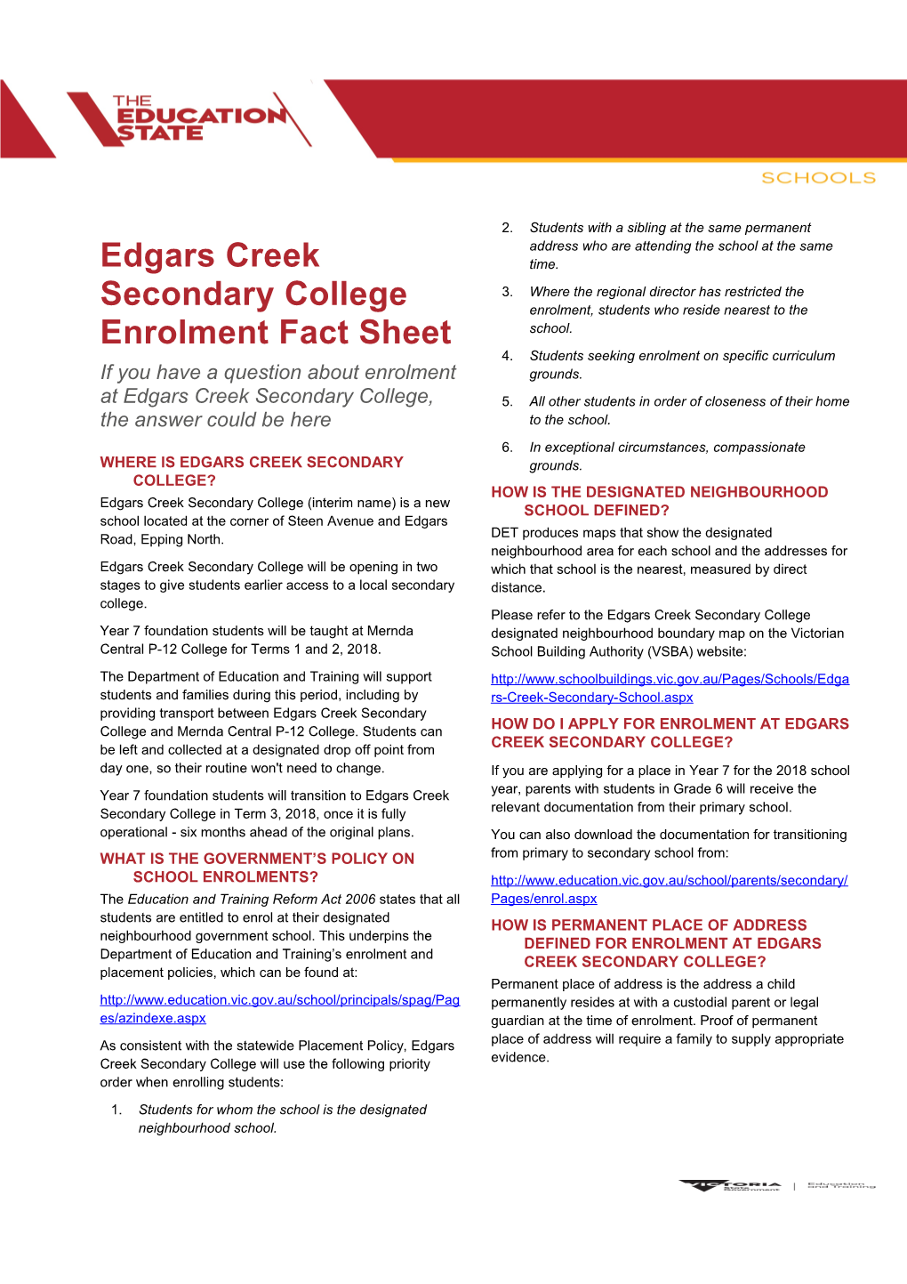 Edgars Creek Secondary College Enrolment Fact Sheet