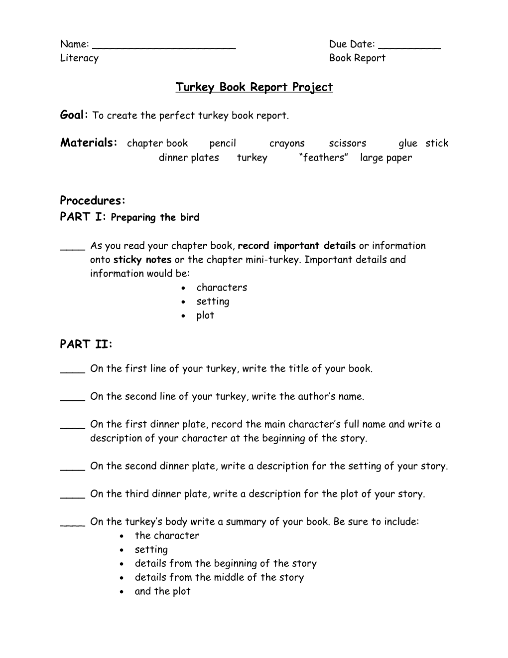 Goal: to Create the Perfect Turkey Book Report