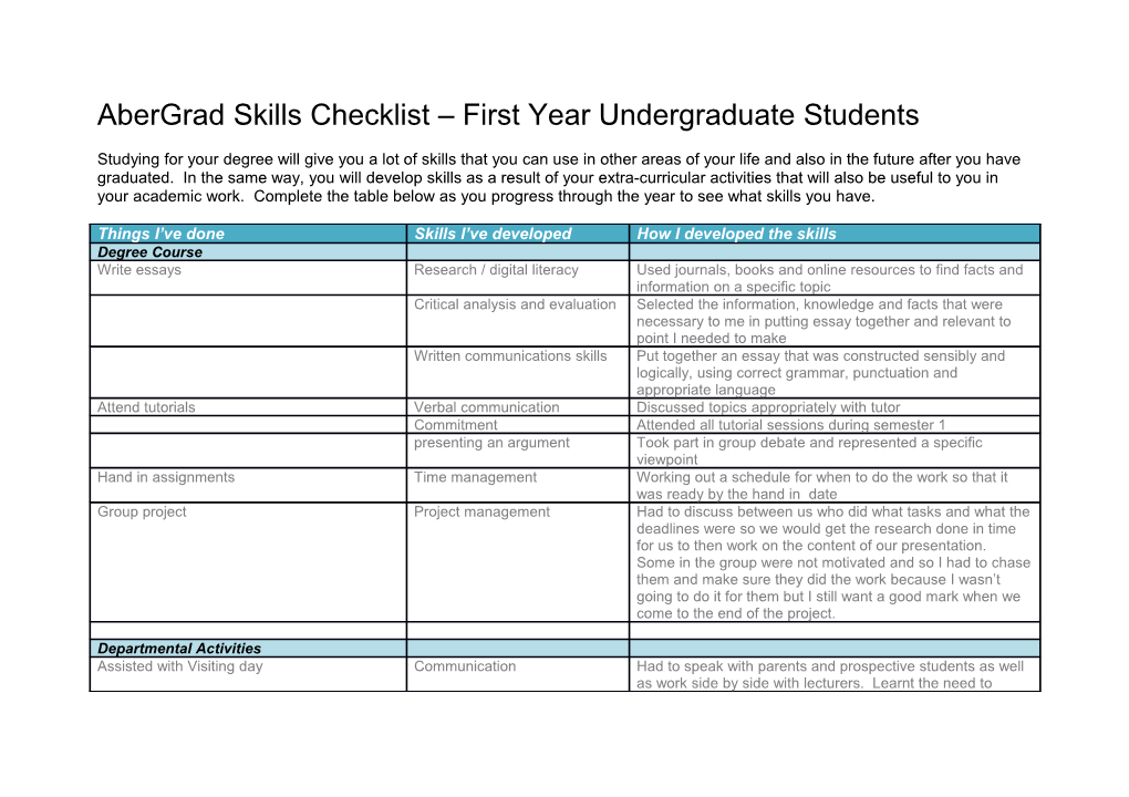 Abergrad Skills Checklist First Year Undergraduate Students