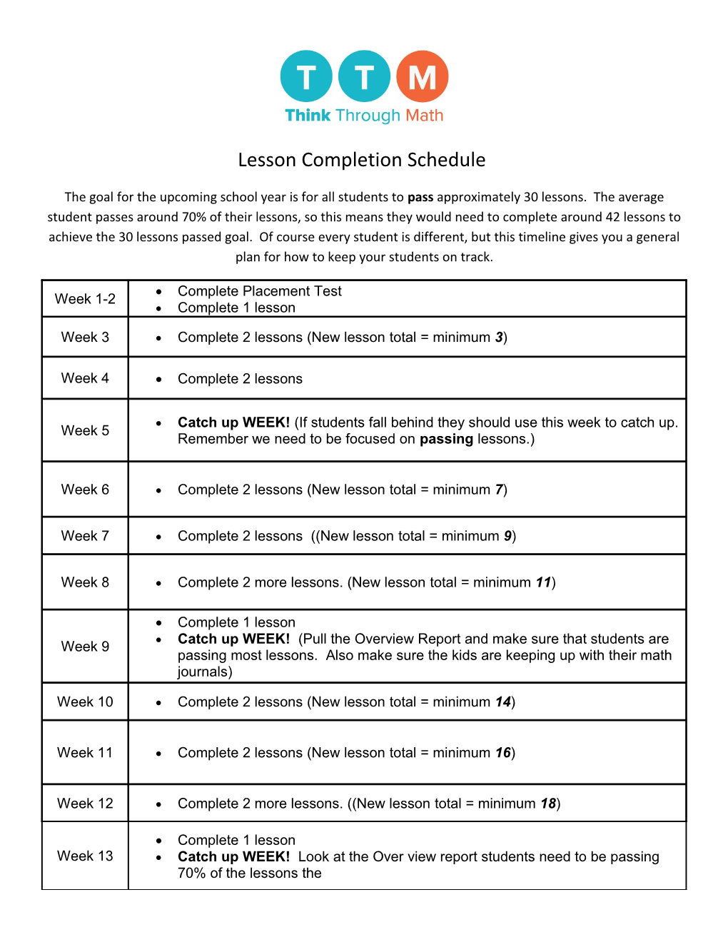 Lesson Completion Schedule
